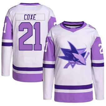 Men's Craig Coxe San Jose Sharks Hockey Fights Cancer Primegreen Jersey - White/Purple Authentic