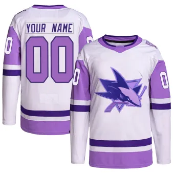 Men's Custom San Jose Sharks Hockey Fights Cancer Primegreen Jersey - White/Purple Authentic