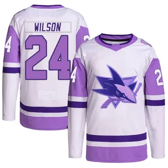 Men's Doug Wilson San Jose Sharks Hockey Fights Cancer Primegreen Jersey - White/Purple Authentic