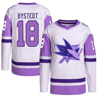 Men's Filip Bystedt San Jose Sharks Hockey Fights Cancer Primegreen Jersey - White/Purple Authentic