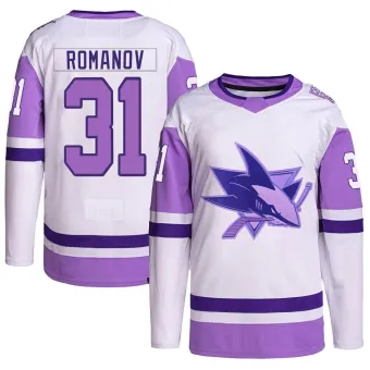 Men's Georgi Romanov San Jose Sharks Hockey Fights Cancer Primegreen Jersey - White/Purple Authentic