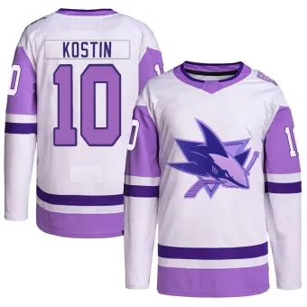 Men's Klim Kostin San Jose Sharks Hockey Fights Cancer Primegreen Jersey - White/Purple Authentic