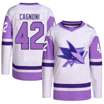 Men's Luca Cagnoni San Jose Sharks Hockey Fights Cancer Primegreen Jersey - White/Purple Authentic