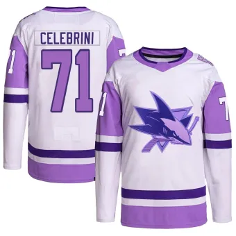 Men's Macklin Celebrini San Jose Sharks Hockey Fights Cancer Primegreen Jersey - White/Purple Authentic