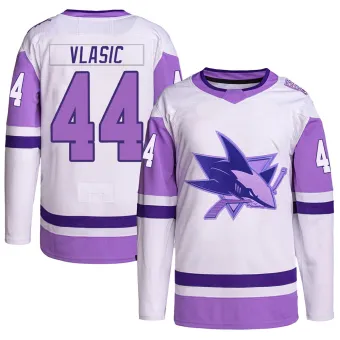 Men's Marc-Edouard Vlasic San Jose Sharks Hockey Fights Cancer Primegreen Jersey - White/Purple Authentic