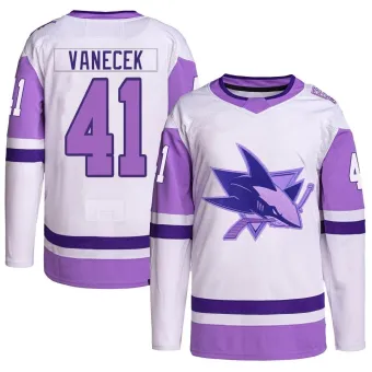 Men's Vitek Vanecek San Jose Sharks Hockey Fights Cancer Primegreen Jersey - White/Purple Authentic