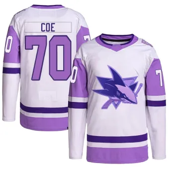 Youth Brandon Coe San Jose Sharks Hockey Fights Cancer Primegreen Jersey - White/Purple Authentic