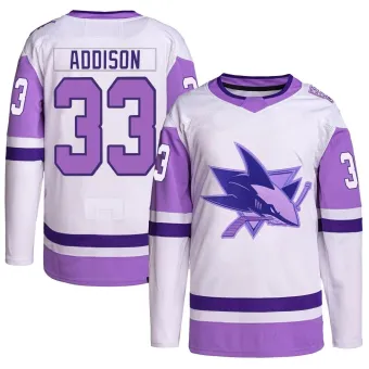 Youth Calen Addison San Jose Sharks Hockey Fights Cancer Primegreen Jersey - White/Purple Authentic