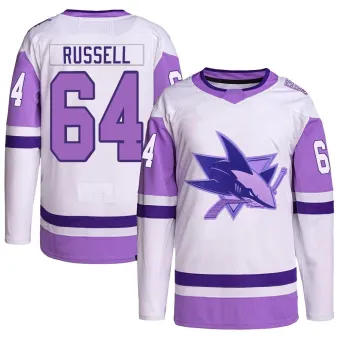 Youth Mitchell Russell San Jose Sharks Hockey Fights Cancer Primegreen Jersey - White/Purple Authentic